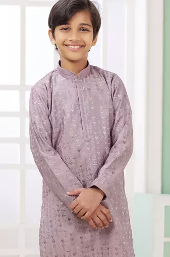 Purple embroidery art silk   kurta set for boys