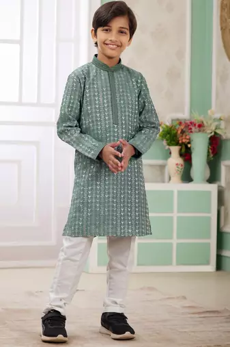 Green embroidery art silk   kurta set for boys