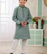Green embroidery art silk  kurta set for boys