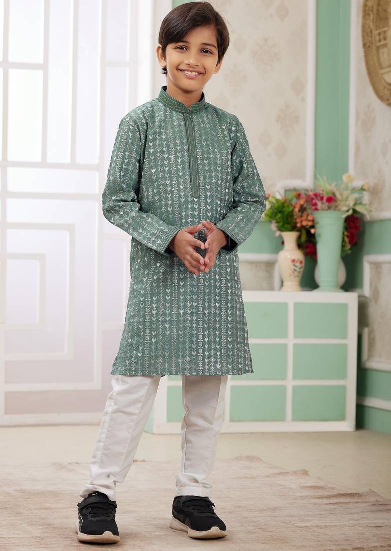 Green embroidery art silk  kurta set for boys