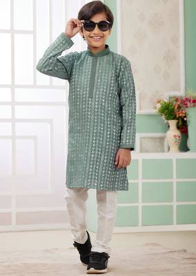 Green embroidery art silk   kurta set for boys 2