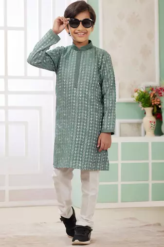 Green embroidery art silk   kurta set for boys