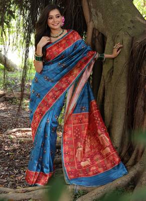 Blue tussar silk blend peacock printed festive rich fancy saree 2