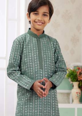 Green embroidery art silk   kurta set for boys 3