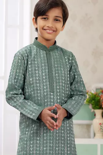 Green embroidery art silk   kurta set for boys