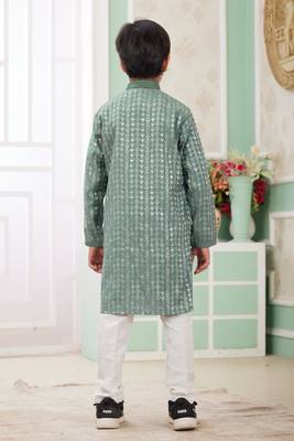 Green embroidery art silk   kurta set for boys 4