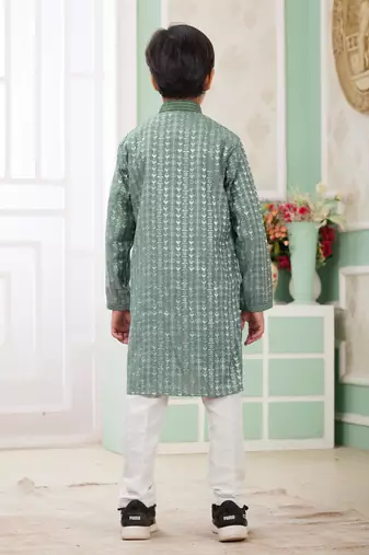 Green embroidery art silk   kurta set for boys
