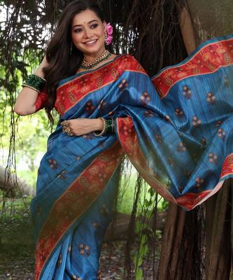Blue tussar silk blend peacock printed festive rich fancy saree 4