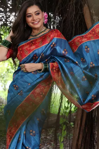 Blue tussar silk blend peacock printed festive rich fancy saree