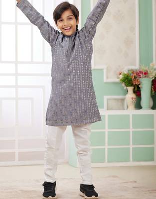 Grey embroidery art silk   kurta set for boys 1