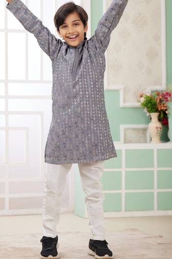Grey embroidery art silk  kurta set for boys