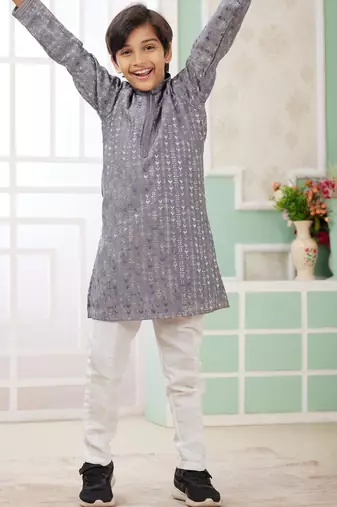 Grey embroidery art silk   kurta set for boys