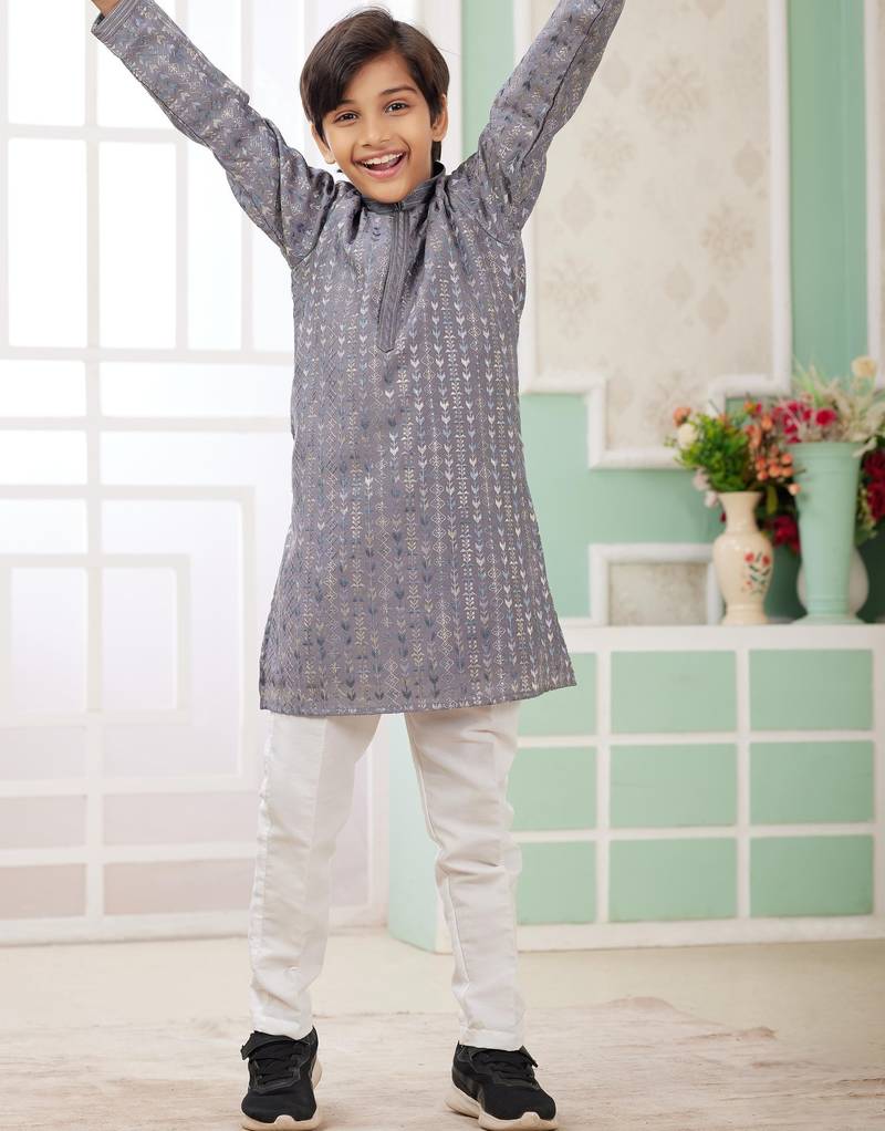 Grey embroidery art silk  kurta set for boys