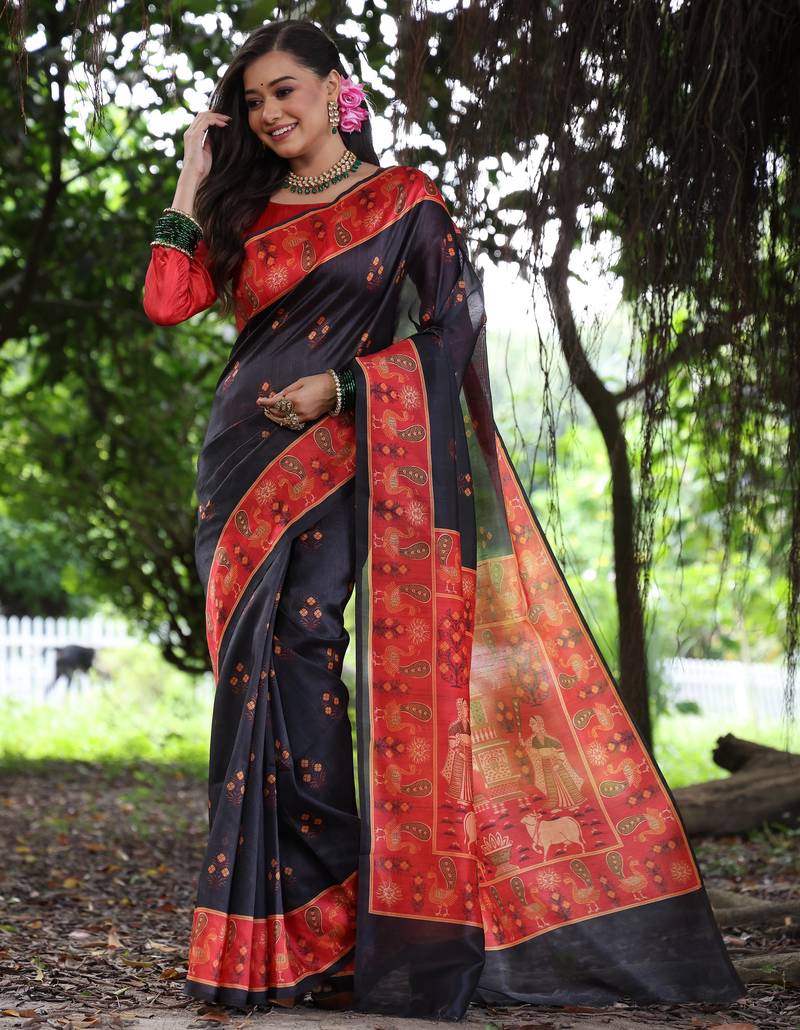 Black tussar silk blend peacock printed festive rich fancy saree