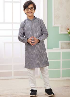 Grey embroidery art silk   kurta set for boys 2