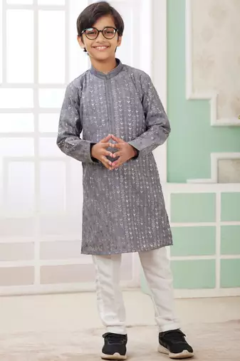 Grey embroidery art silk   kurta set for boys