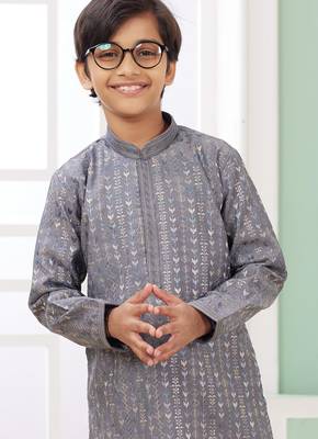 Grey embroidery art silk   kurta set for boys 3