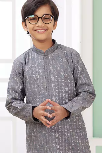 Grey embroidery art silk   kurta set for boys