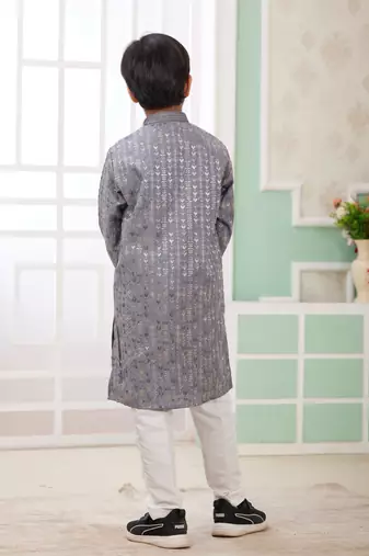 Grey embroidery art silk   kurta set for boys