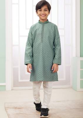 Green embroidery art silk   kurta set for boys 1