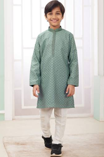 Green embroidery art silk  kurta set for boys