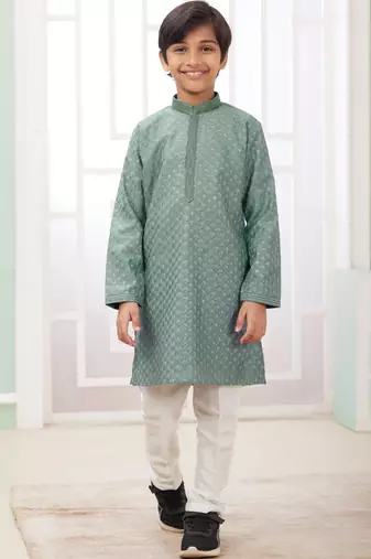 Green embroidery art silk   kurta set for boys