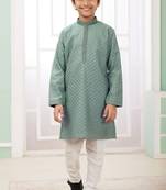 Green embroidery art silk  kurta set for boys