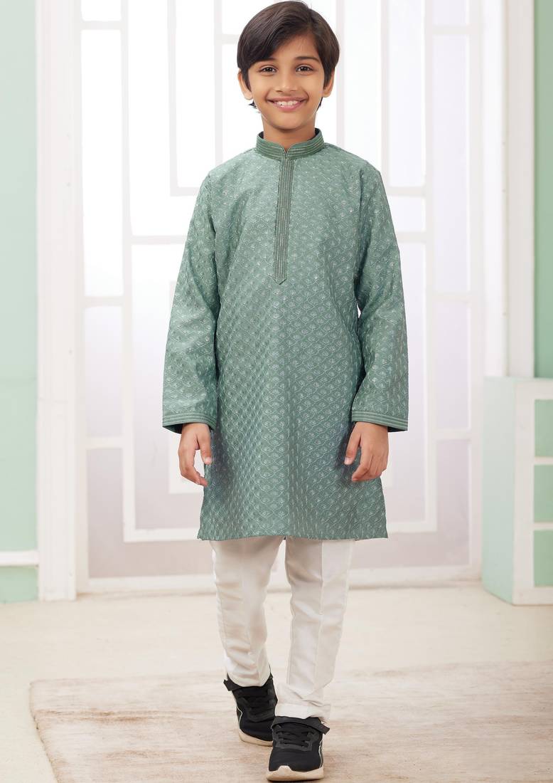 Green embroidery art silk  kurta set for boys