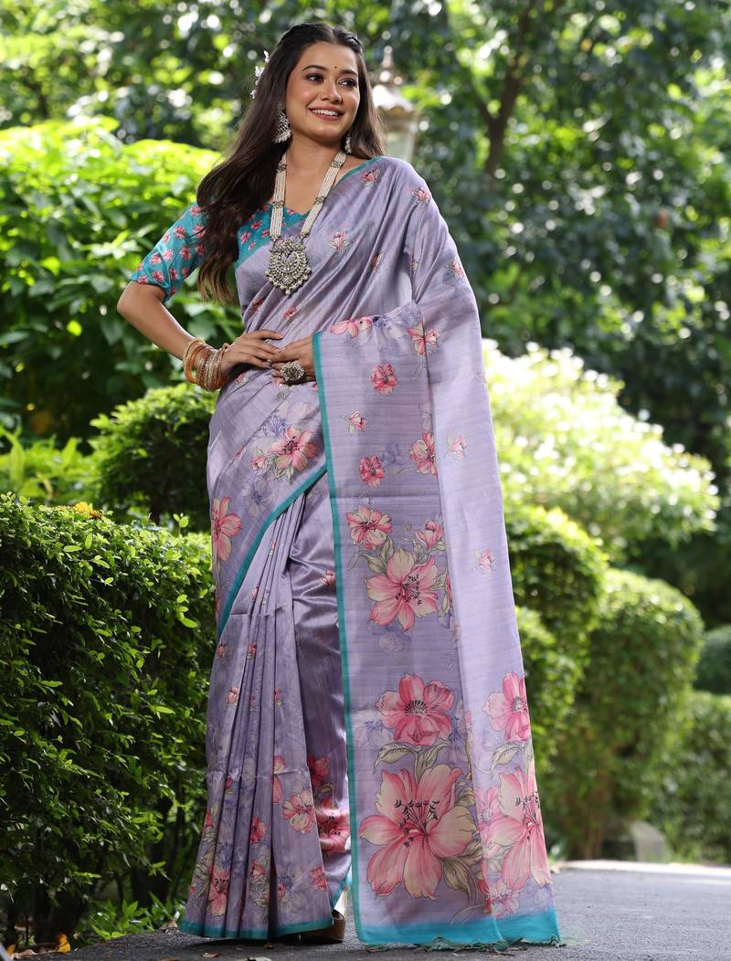 Purple floral printed tussar silk blend ethnic girlie saree