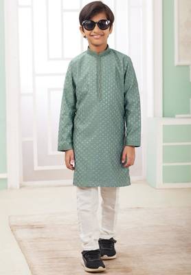 Green embroidery art silk   kurta set for boys 2
