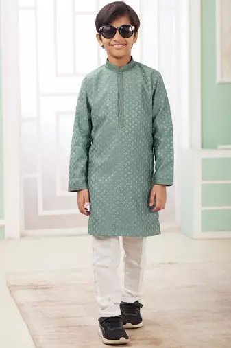 Green embroidery art silk   kurta set for boys