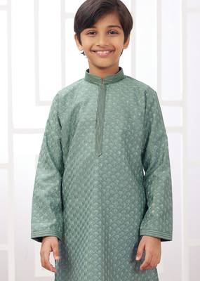 Green embroidery art silk   kurta set for boys 3