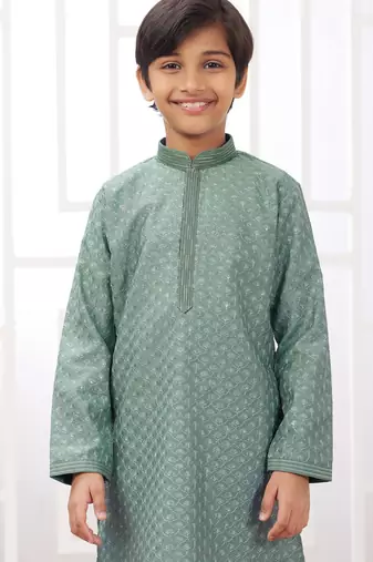Green embroidery art silk   kurta set for boys