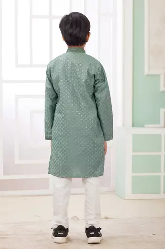 Green embroidery art silk   kurta set for boys