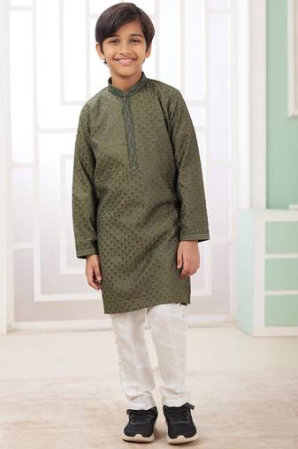 Green embroidery art silk  kurta set for boys