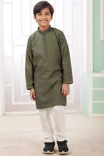 Green embroidery art silk   kurta set for boys