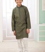 Green embroidery art silk  kurta set for boys