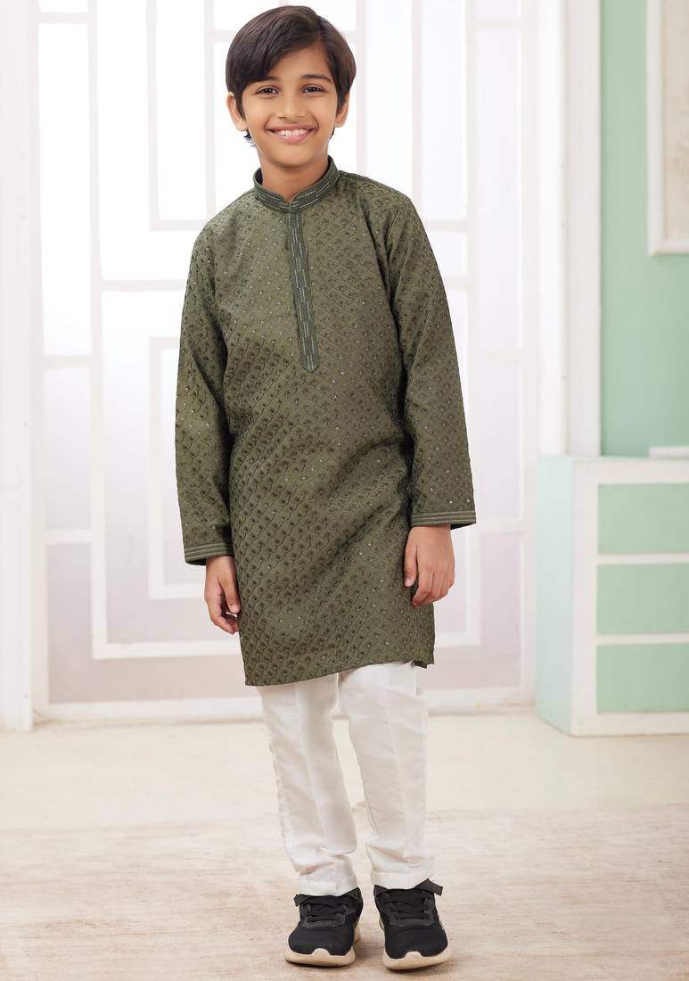 Green embroidery art silk  kurta set for boys
