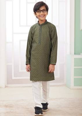 Green embroidery art silk   kurta set for boys 2