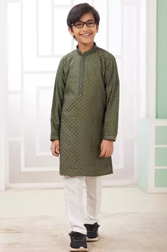 Green embroidery art silk   kurta set for boys