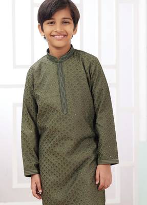 Green embroidery art silk   kurta set for boys 3