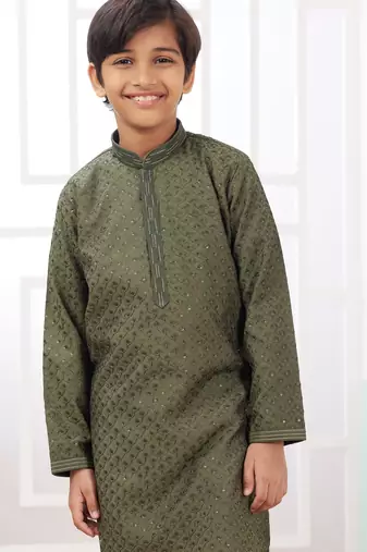 Green embroidery art silk   kurta set for boys