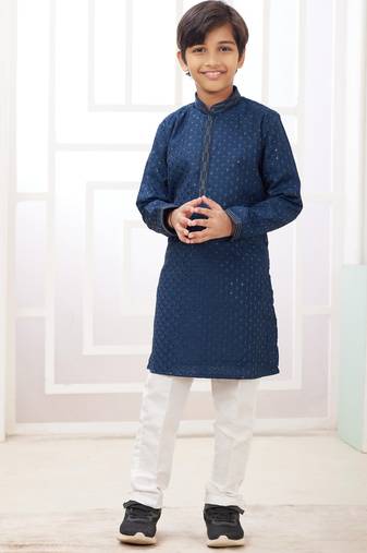 Blue embroidery art silk  kurta set for boys