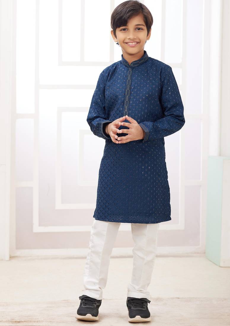 Blue embroidery art silk  kurta set for boys