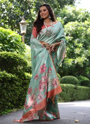 Sea green floral printed tussar silk blend ethnic girlie saree 2