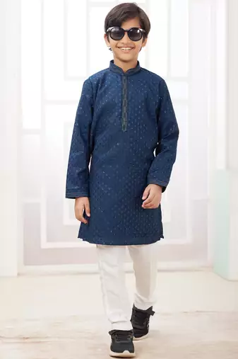 Blue embroidery art silk   kurta set for boys