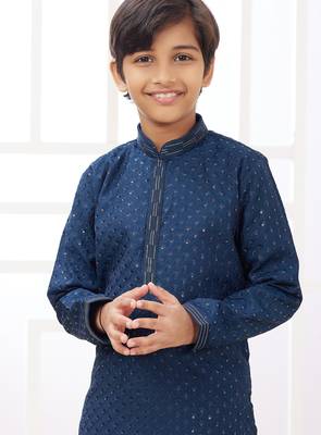 Blue embroidery art silk   kurta set for boys 3