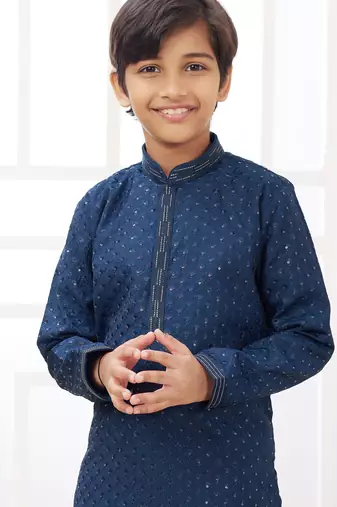 Blue embroidery art silk   kurta set for boys