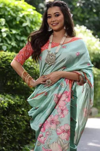 Sea green floral printed tussar silk blend ethnic girlie saree