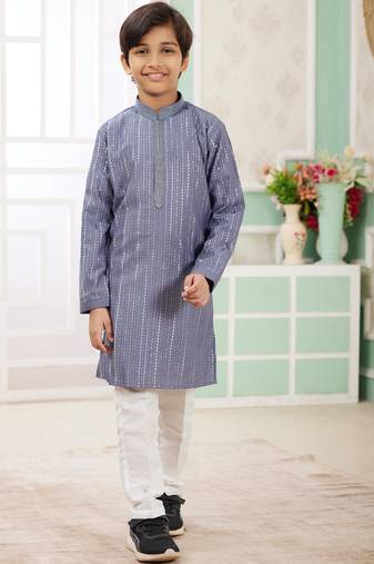 Blue embroidery art silk  kurta set for boys